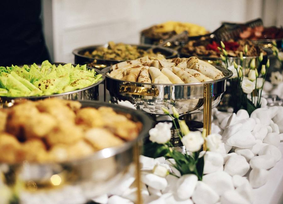 A vegetarian buffet spread laid out for an event